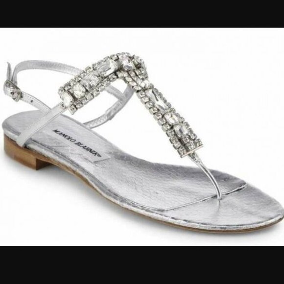 Manolo Blahnik Silver Crystal Jewel Thong leather Sandals Flats - Picture 1 of 6